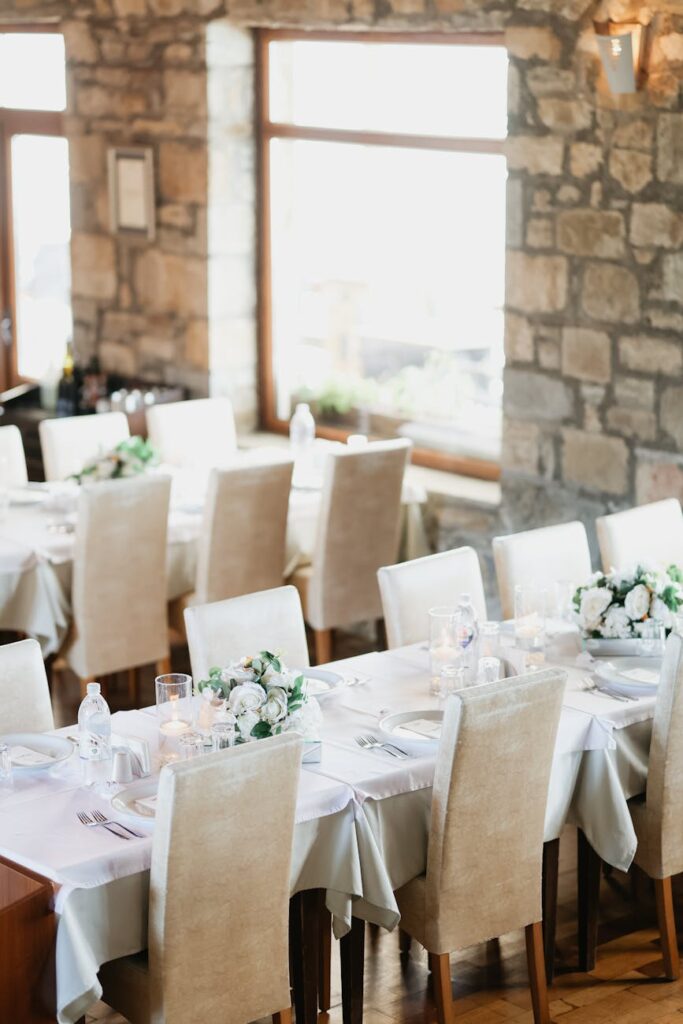 elegant wedding reception setup in rustic venue